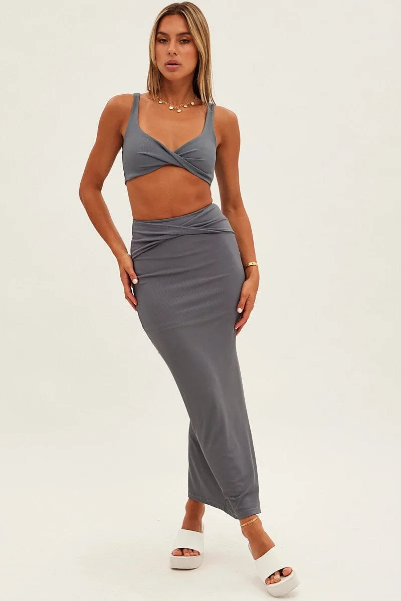 Grey Midi Skirt High Rise Pencil Ribbed