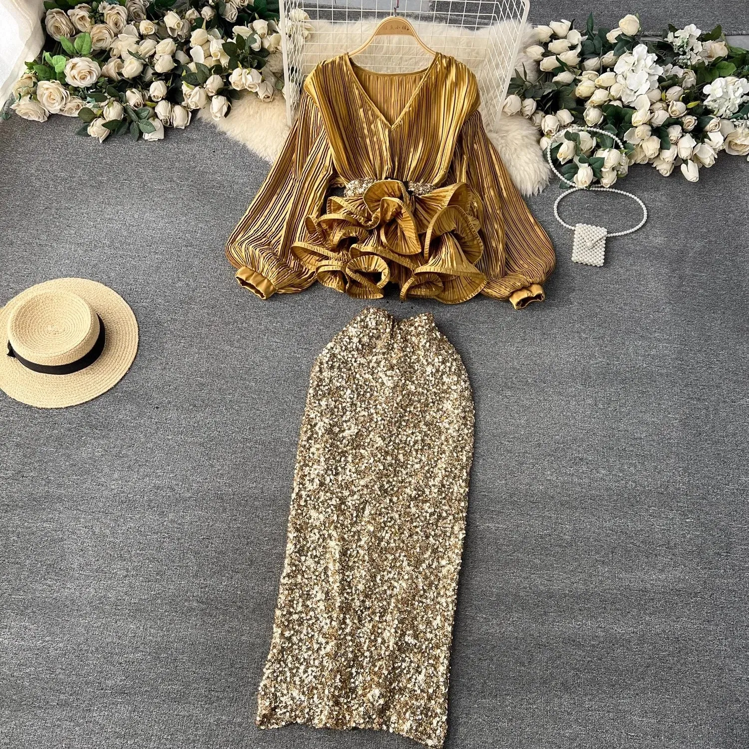 HAMALIEL 2-Piece Glamourous Ruffled Belted Top & Sequined Maxi Skirt Dress