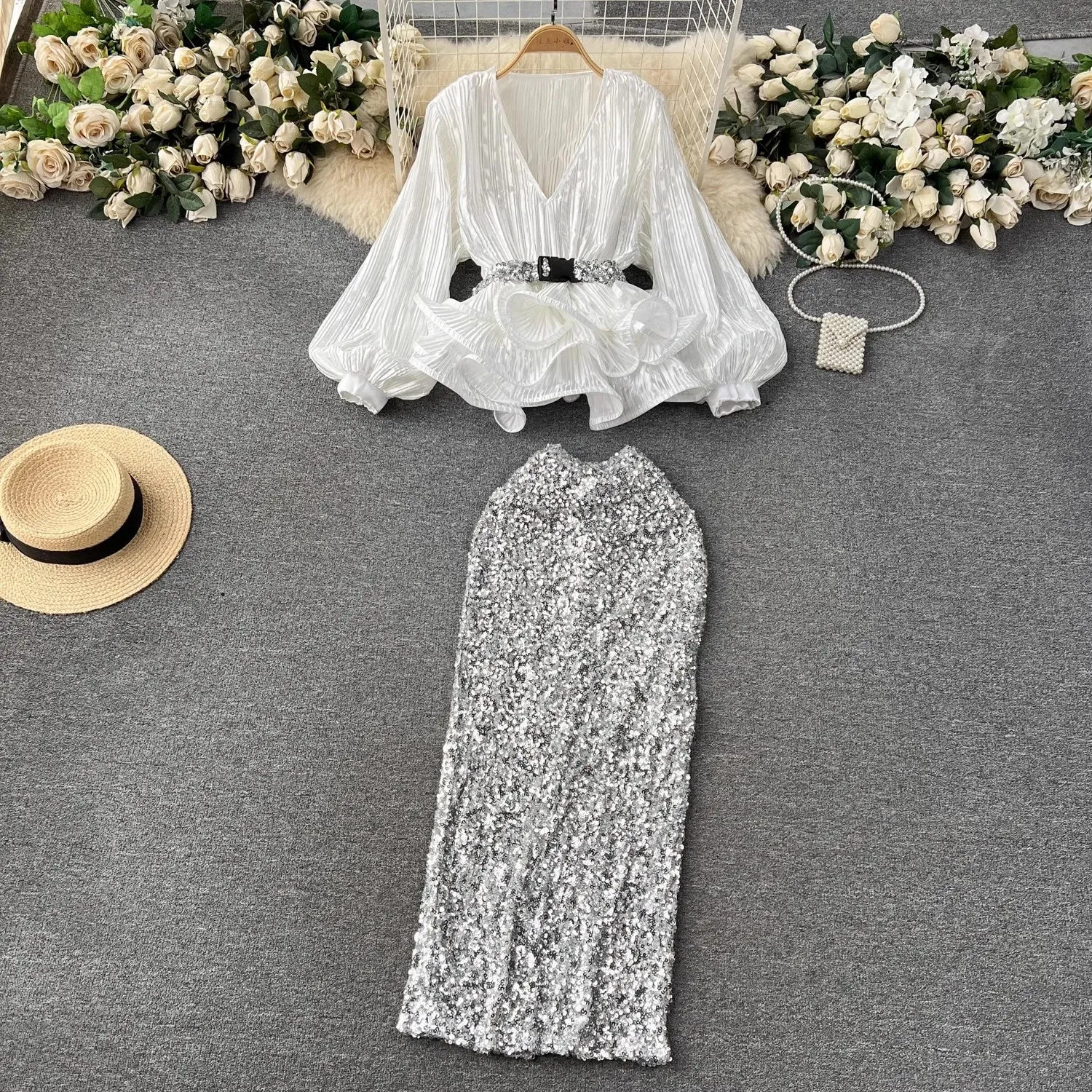 HAMALIEL 2-Piece Glamourous Ruffled Belted Top & Sequined Maxi Skirt Dress
