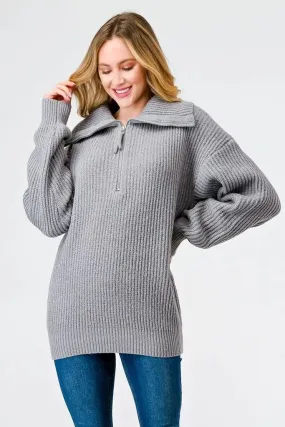 Heather Grey Knit Zip-Up Turtle Neck Long Sleeve Sweater /2-2-2