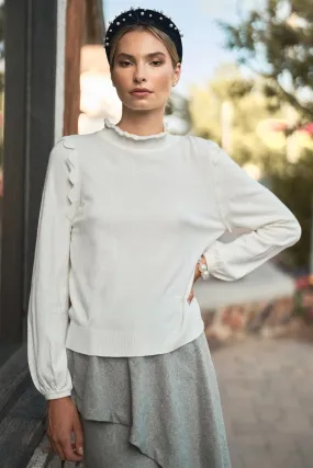Ivory Scallop Shoulder Detail High Ruffle Neck Long Balloon Sleeve Knit Top /3-2-1