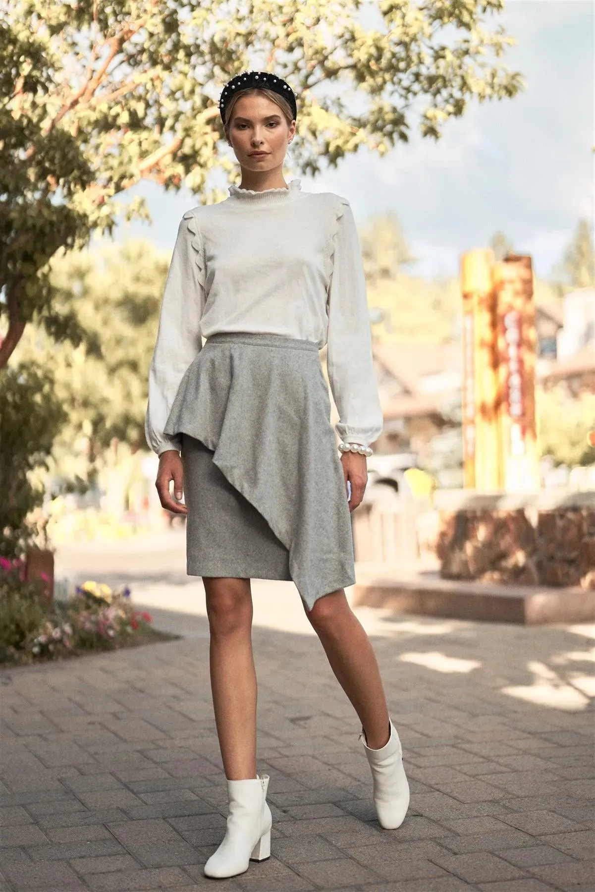 Ivory Scallop Shoulder Detail High Ruffle Neck Long Balloon Sleeve Knit Top /3-2-1