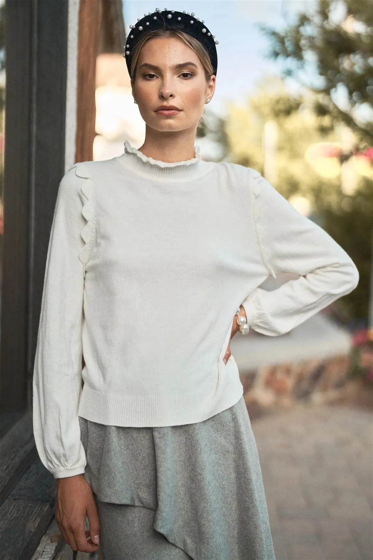 Ivory Scallop Shoulder Detail High Ruffle Neck Long Balloon Sleeve Knit Top /3-2-1