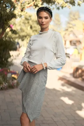 Ivory Scallop Shoulder Detail High Ruffle Neck Long Balloon Sleeve Knit Top /3-2-2