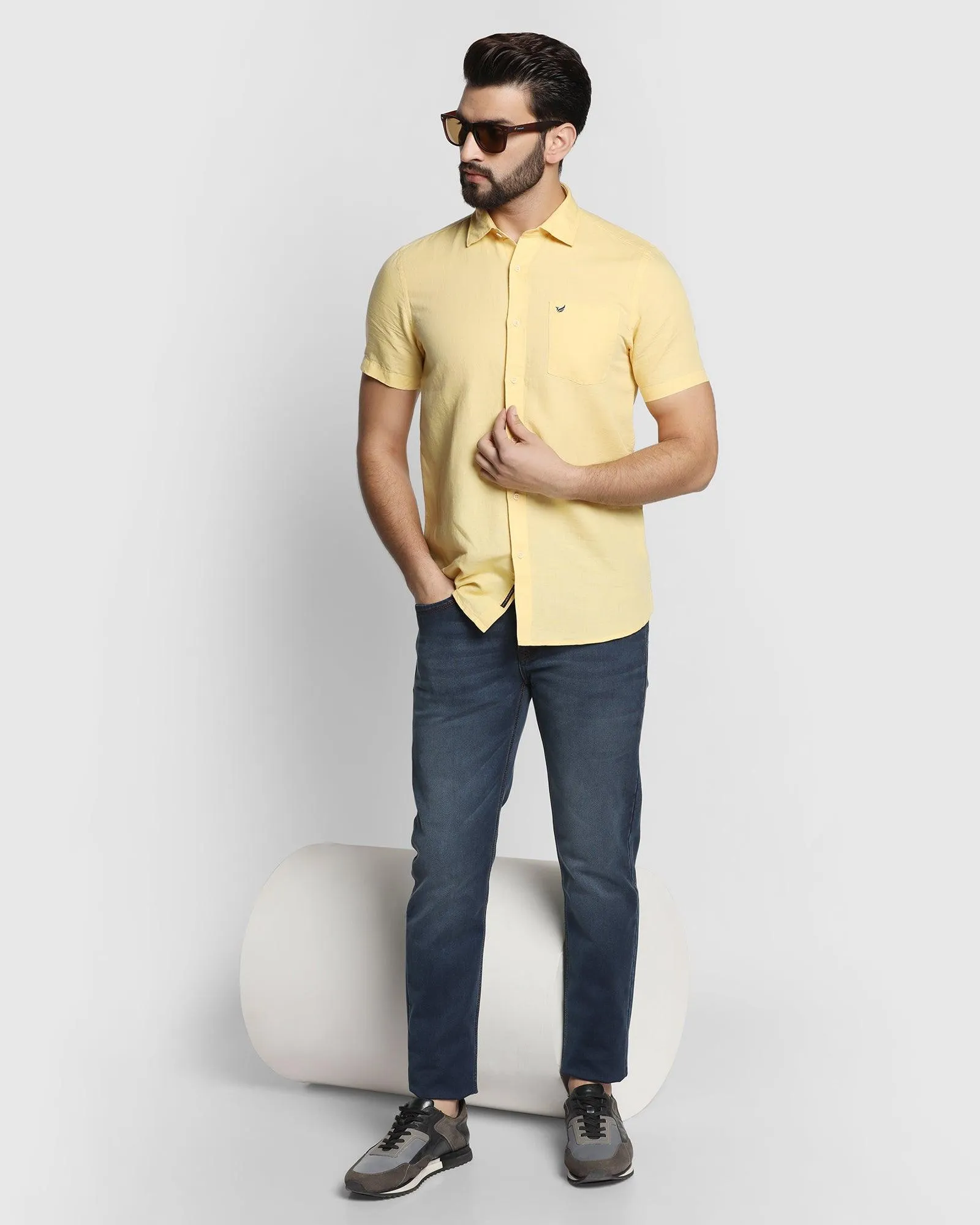 Linen Casual Half Sleeve Yellow Solid Shirt - Salmon
