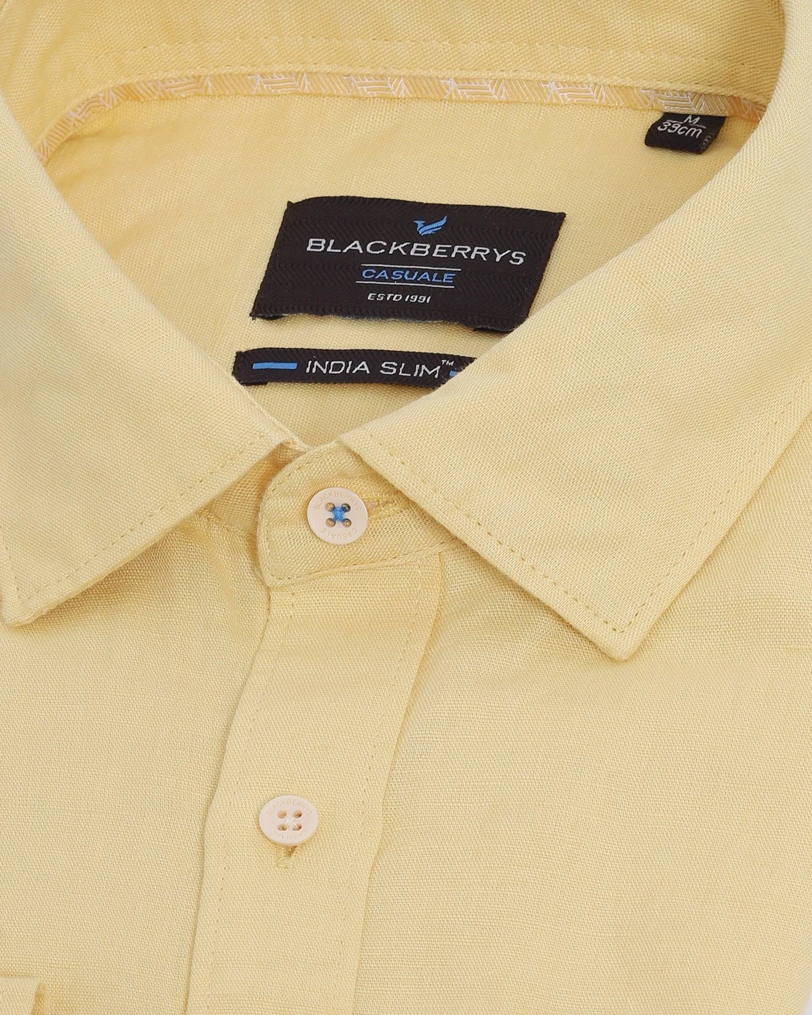 Linen Casual Half Sleeve Yellow Solid Shirt - Salmon
