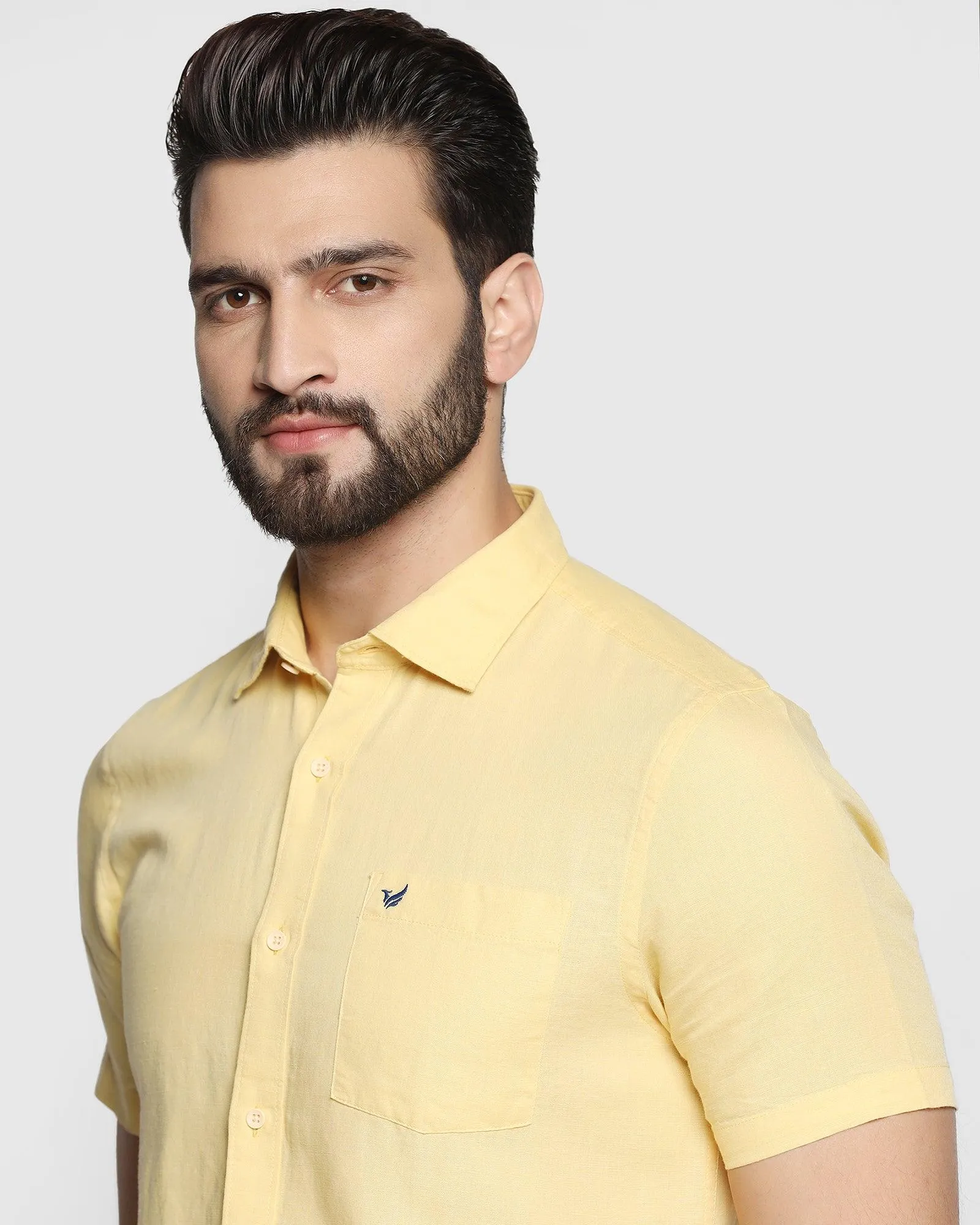 Linen Casual Half Sleeve Yellow Solid Shirt - Salmon