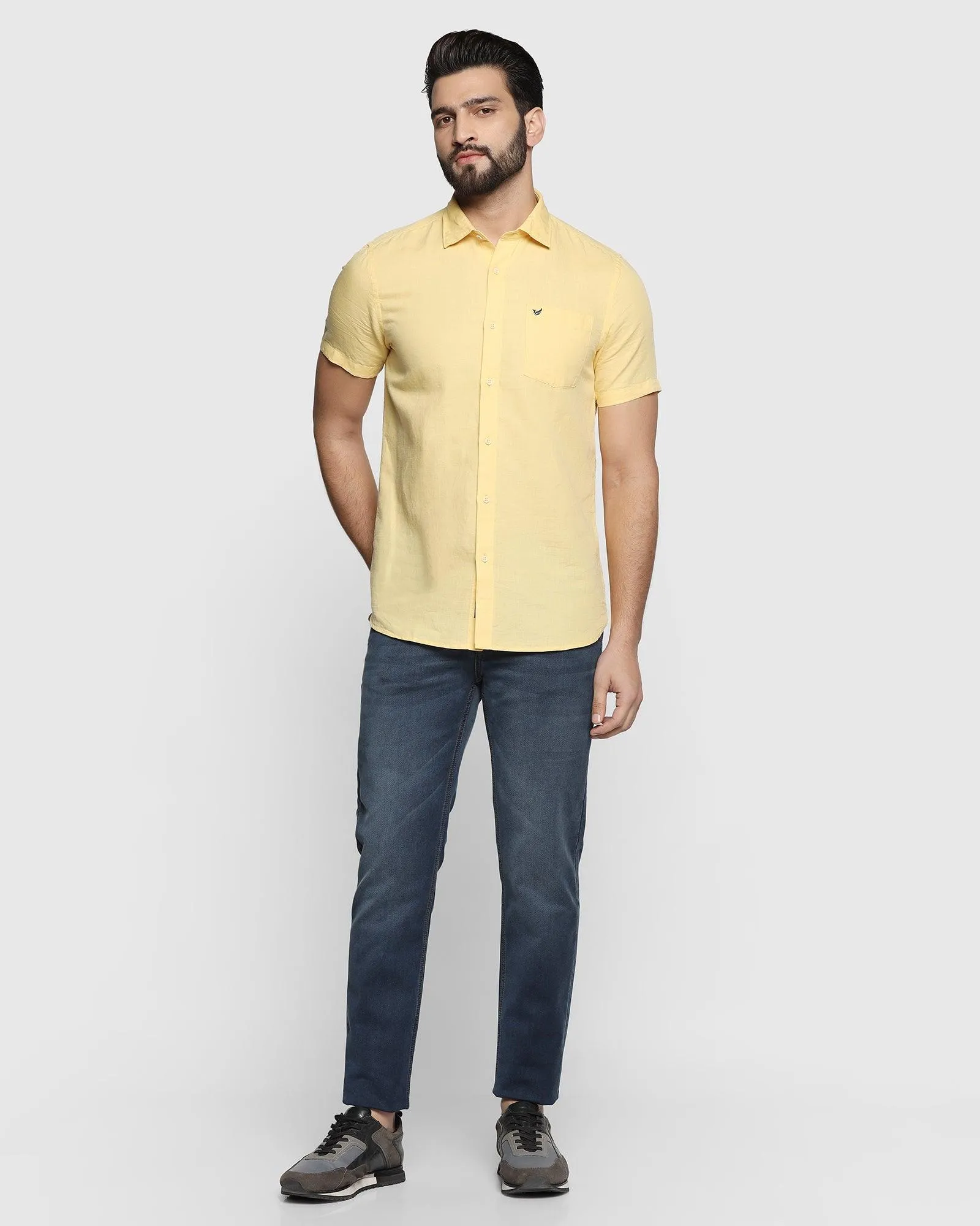 Linen Casual Half Sleeve Yellow Solid Shirt - Salmon