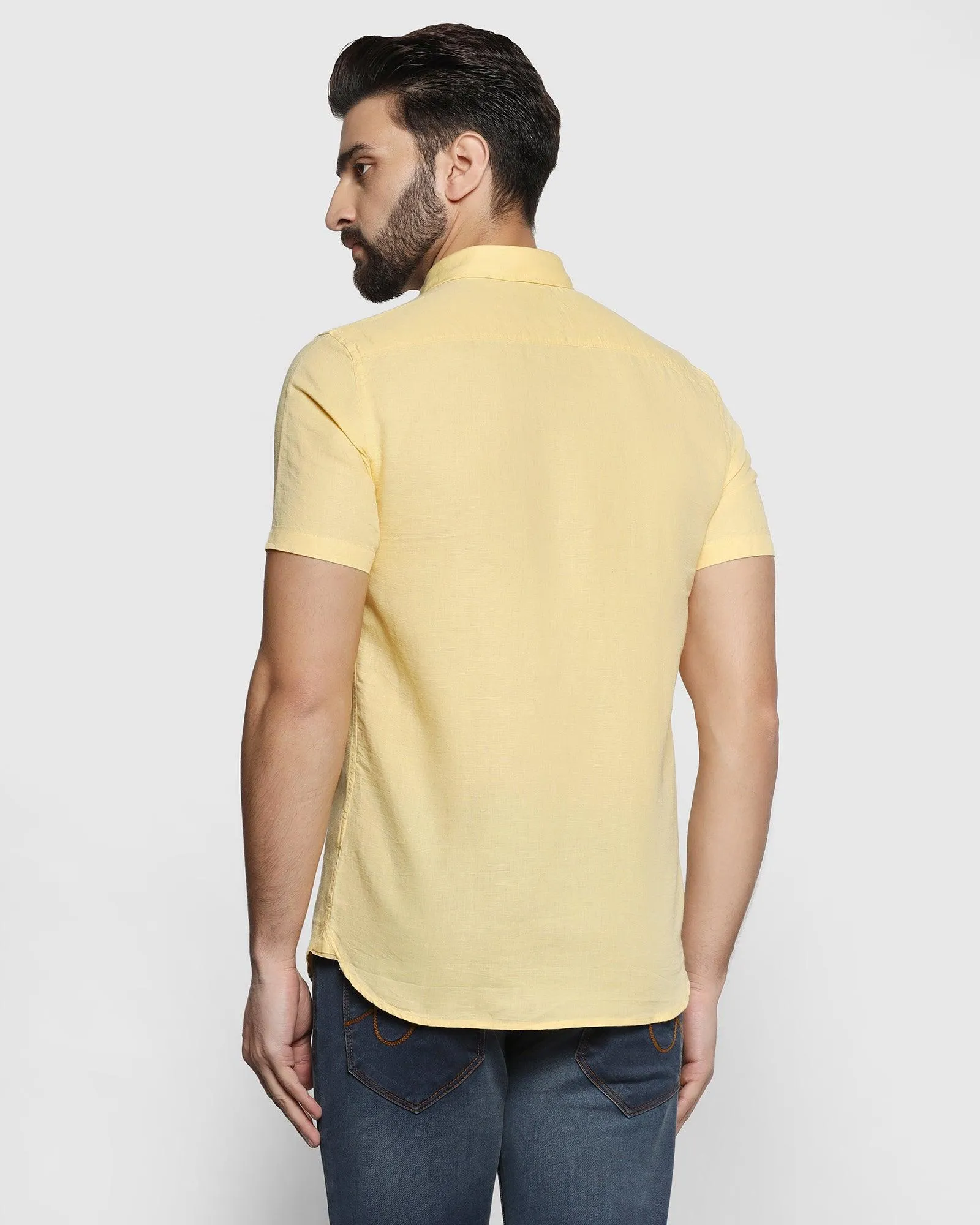Linen Casual Half Sleeve Yellow Solid Shirt - Salmon