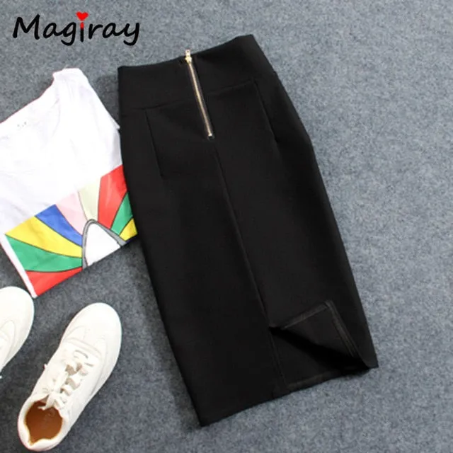 Magiray High Waist Elastic Pencil Skirt Female Bodycon Skirts Womens Summer 2017 Knee Length Back Split Ladies Office Saia C571