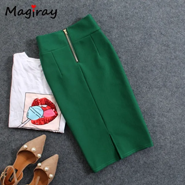 Magiray High Waist Elastic Pencil Skirt Female Bodycon Skirts Womens Summer 2017 Knee Length Back Split Ladies Office Saia C571