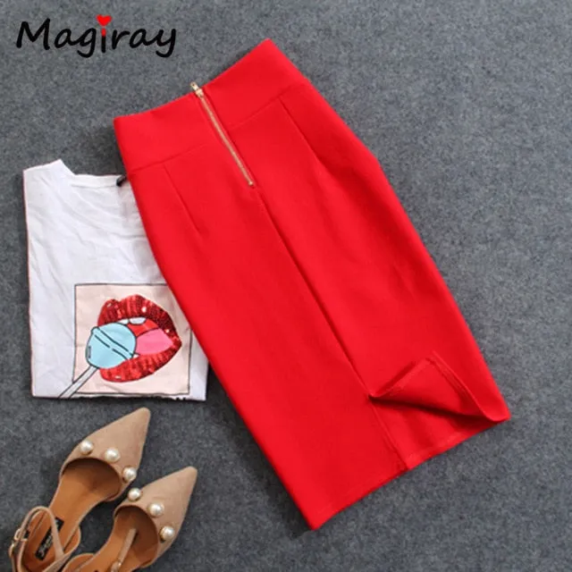 Magiray High Waist Elastic Pencil Skirt Female Bodycon Skirts Womens Summer 2017 Knee Length Back Split Ladies Office Saia C571
