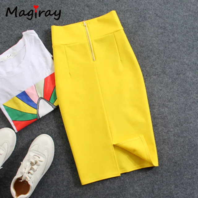 Magiray High Waist Elastic Pencil Skirt Female Bodycon Skirts Womens Summer 2017 Knee Length Back Split Ladies Office Saia C571