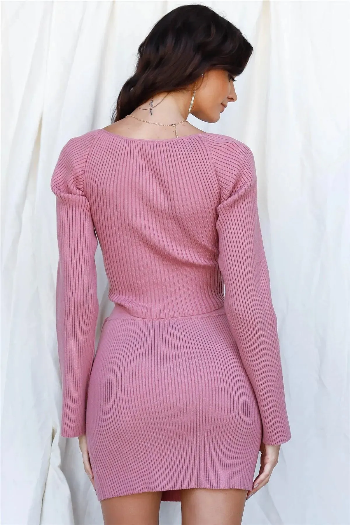 Mauve Knit Ribbed Long Sleeve Top & Mini Skirt Set /3-2-1