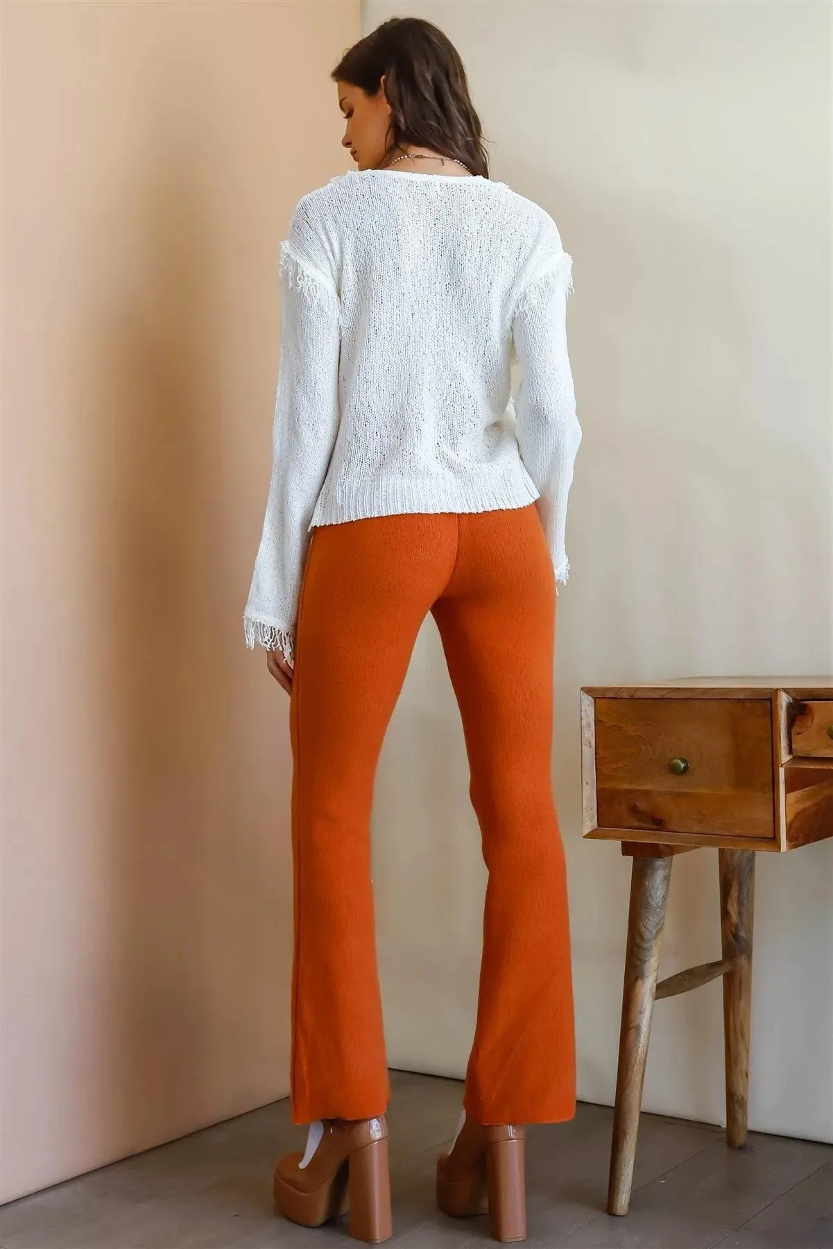 Off-White Knit Trim Detail Self-Tie V-Neck Sweater /2-1
