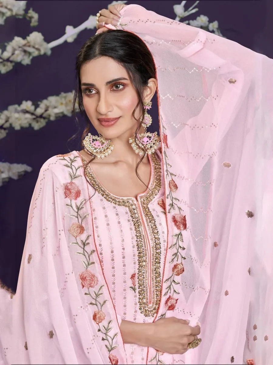 Pink Georgette Thread & Sequins Embroidered Sharara Set with Dupatta