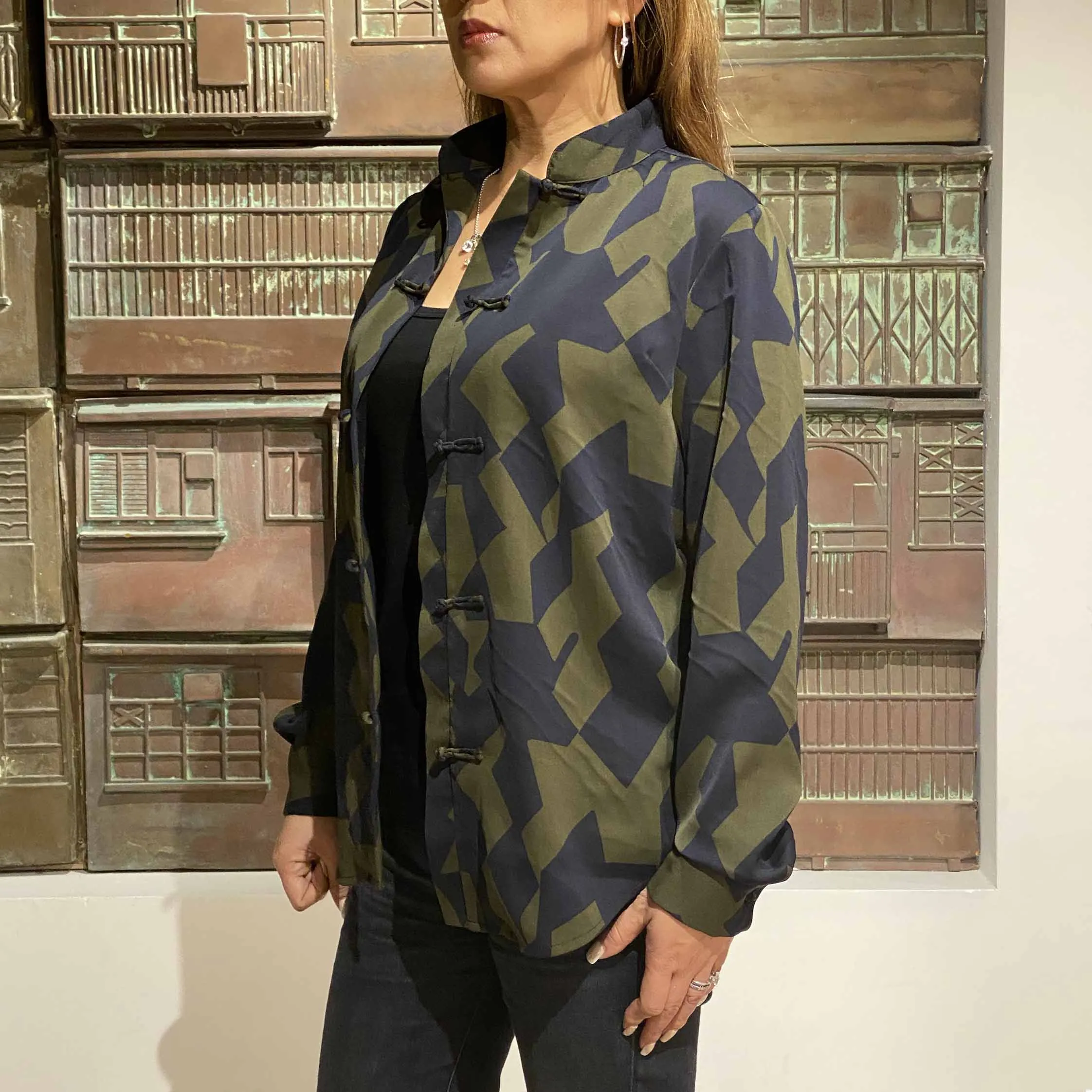 Satin Knot Button Dress Shirt, Army & Navy Cutout