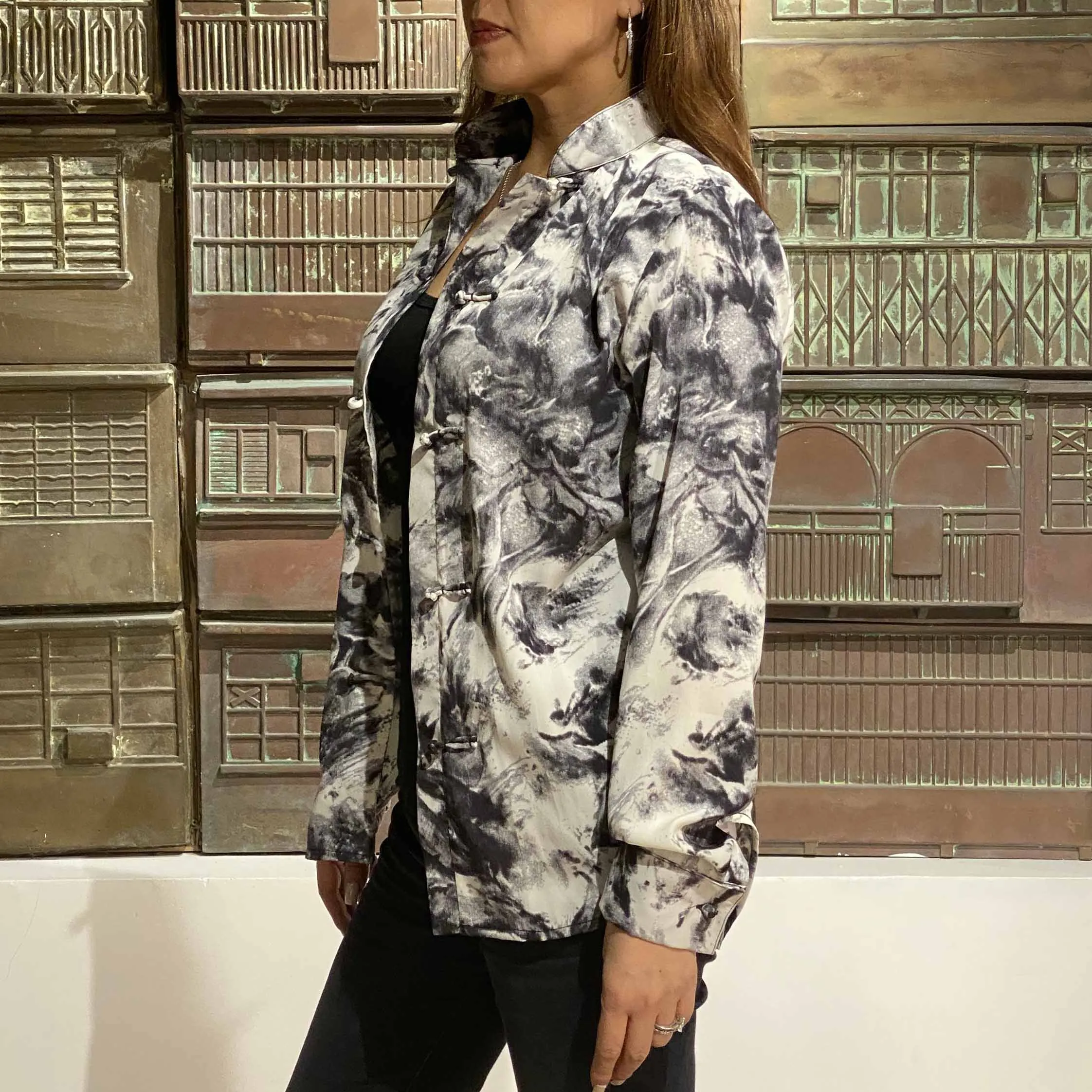 Satin Knot Button Dress Shirt, Black and White Waves