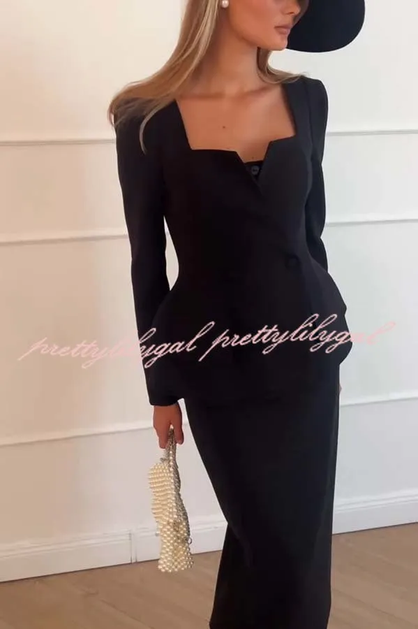 Sculptural Elegance Square Neck Button Blazer and Elastic Waist Pencil Midi Skirt Set