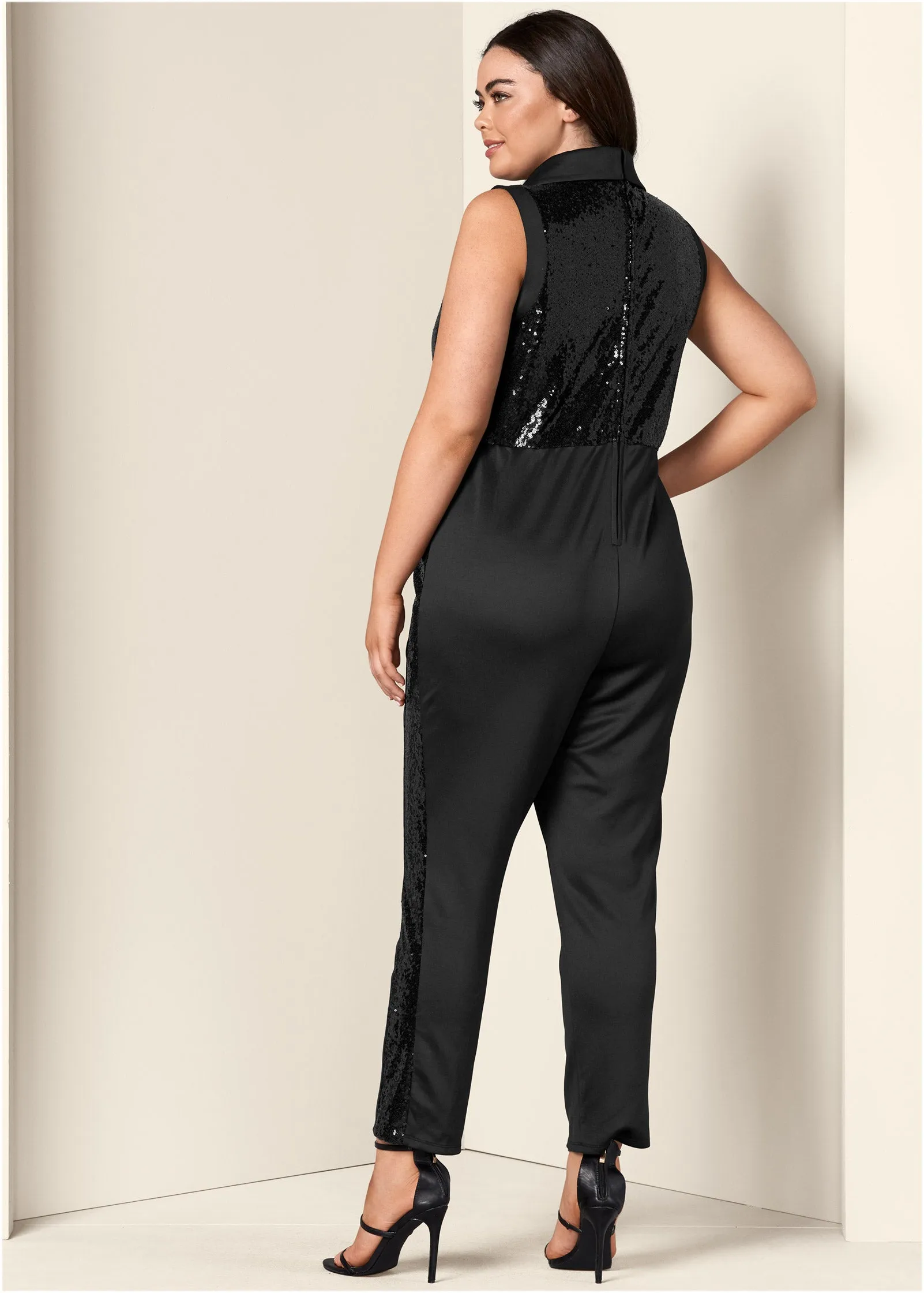 Sequin Tuxedo Jumpsuit - Black