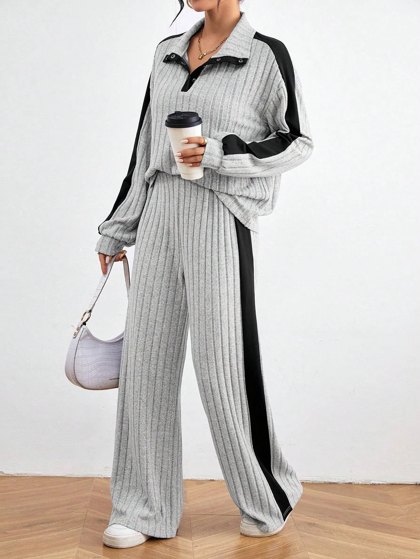 SHEIN Relaxiva Color Block Casual 2pcs/Set Side Stripe, Extra-Long Sleeve Loose Grey Drop Shoulder Blouse And Pants