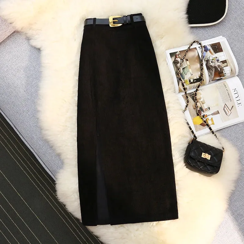 Vintage Fashion High Waist Corduroy Style with Side-slit Midi Skirts