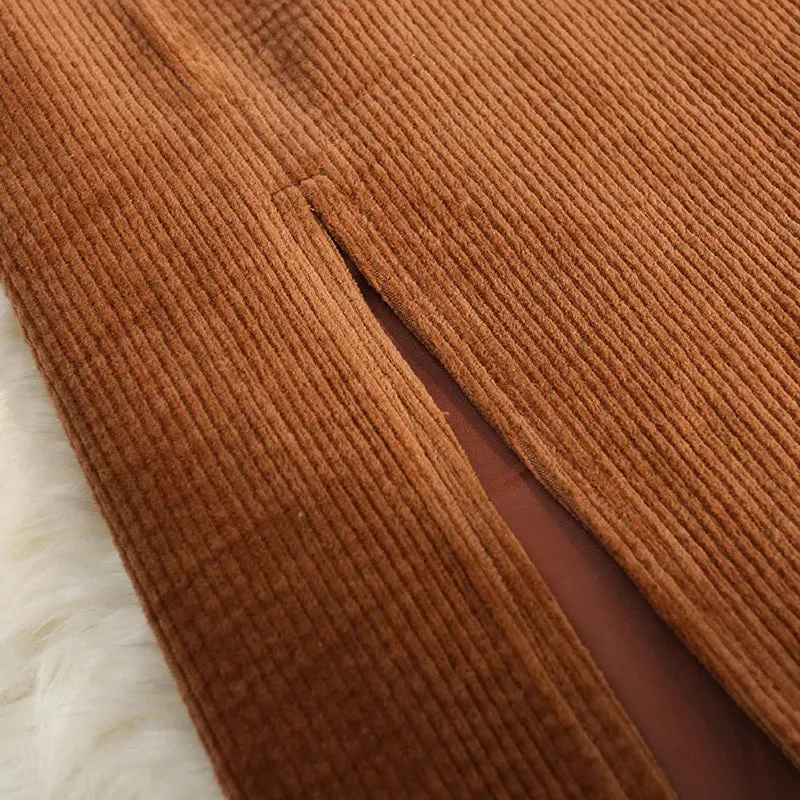 Vintage Fashion High Waist Corduroy Style with Side-slit Midi Skirts