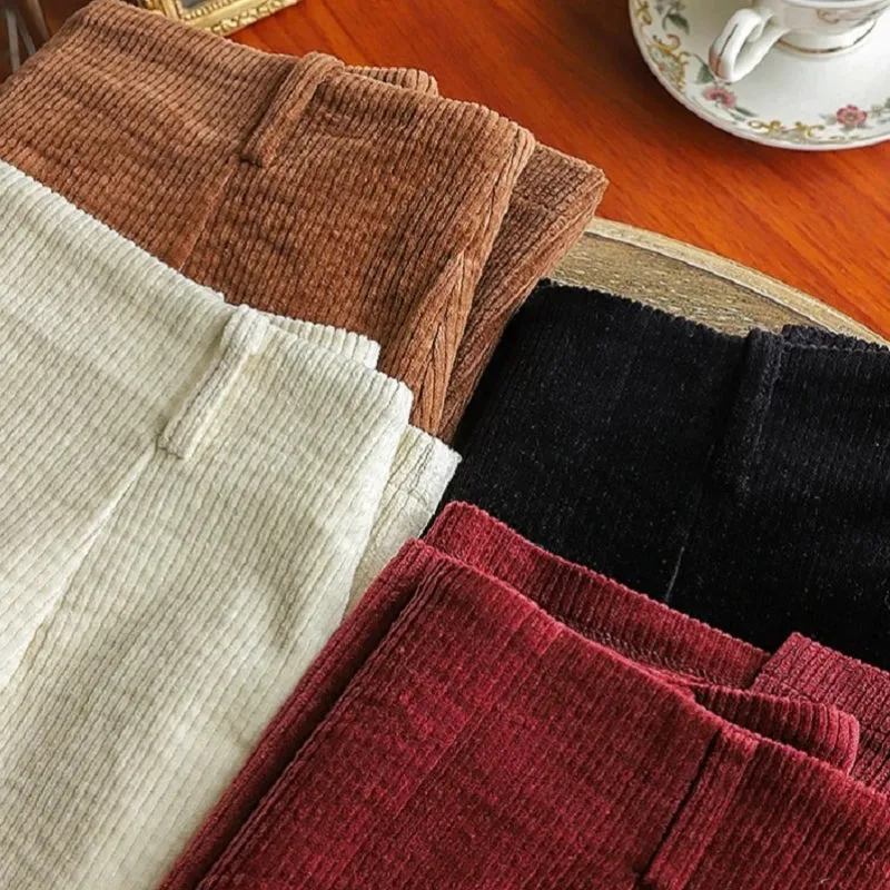Vintage Fashion High Waist Corduroy Style with Side-slit Midi Skirts
