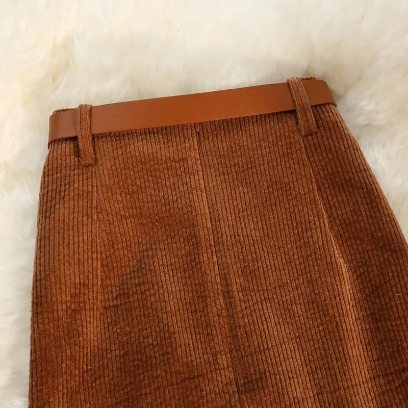 Vintage Fashion High Waist Corduroy Style with Side-slit Midi Skirts