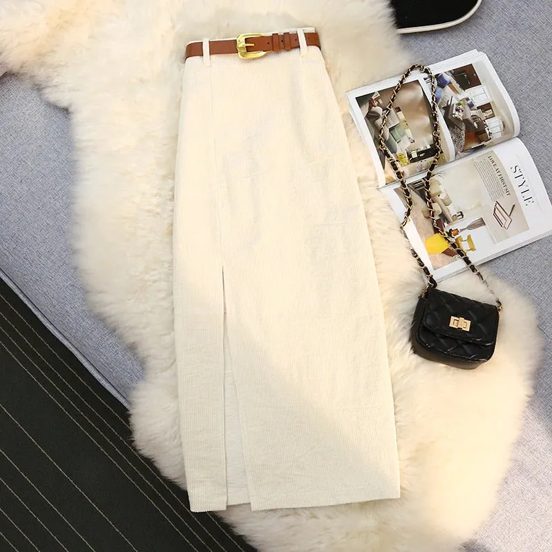 Vintage Fashion High Waist Corduroy Style with Side-slit Midi Skirts
