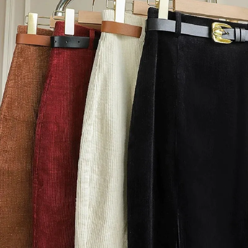 Vintage Fashion High Waist Corduroy Style with Side-slit Midi Skirts