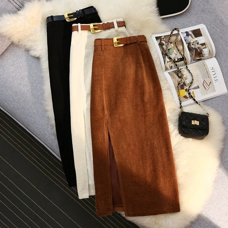 Vintage Fashion High Waist Corduroy Style with Side-slit Midi Skirts