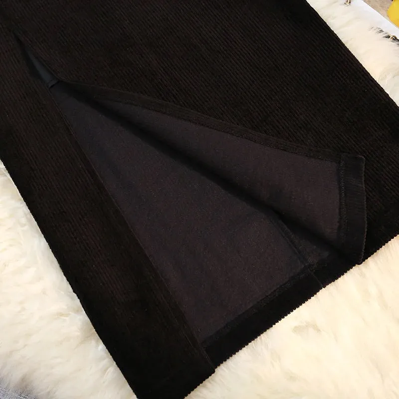 Vintage Fashion High Waist Corduroy Style with Side-slit Midi Skirts