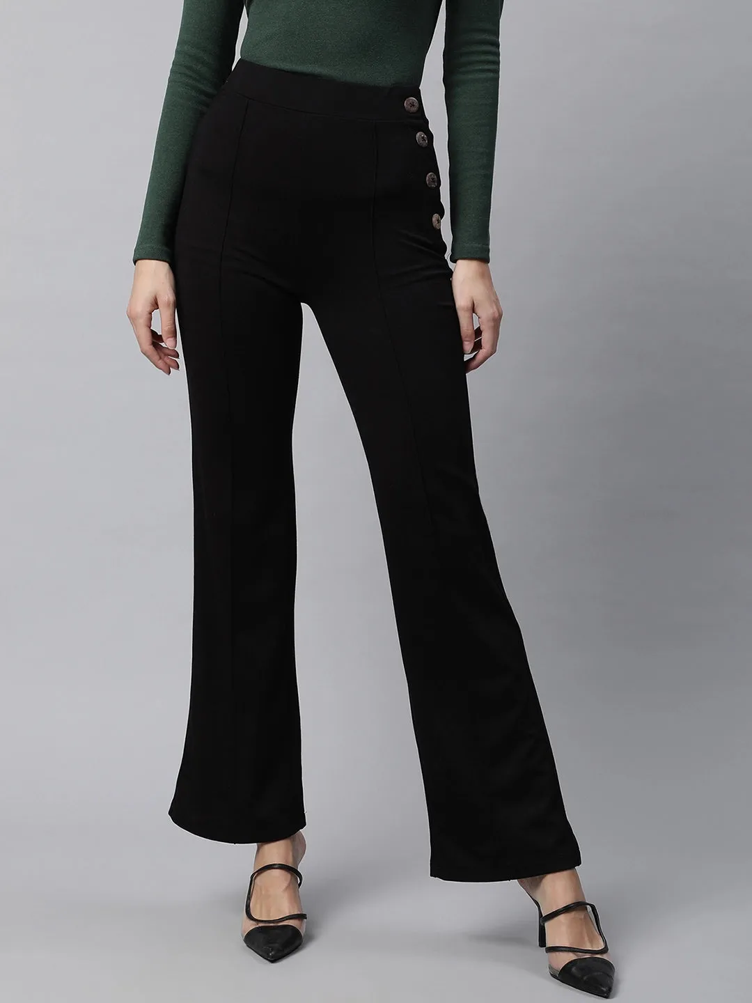 Women Black Side Opening Bell Bottom High Rise Palazzo Pants