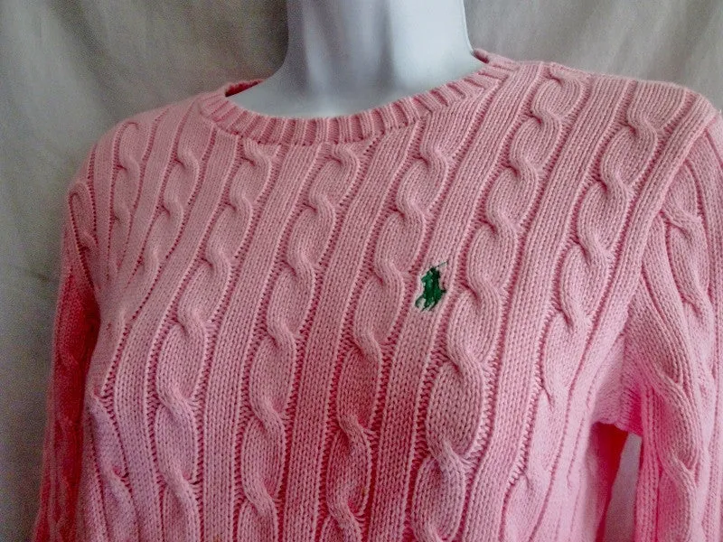 Womens RALPH LAUREN SPORT Crewneck Cable Knit Top Sweater S PINK BLUSH LIPSTICK