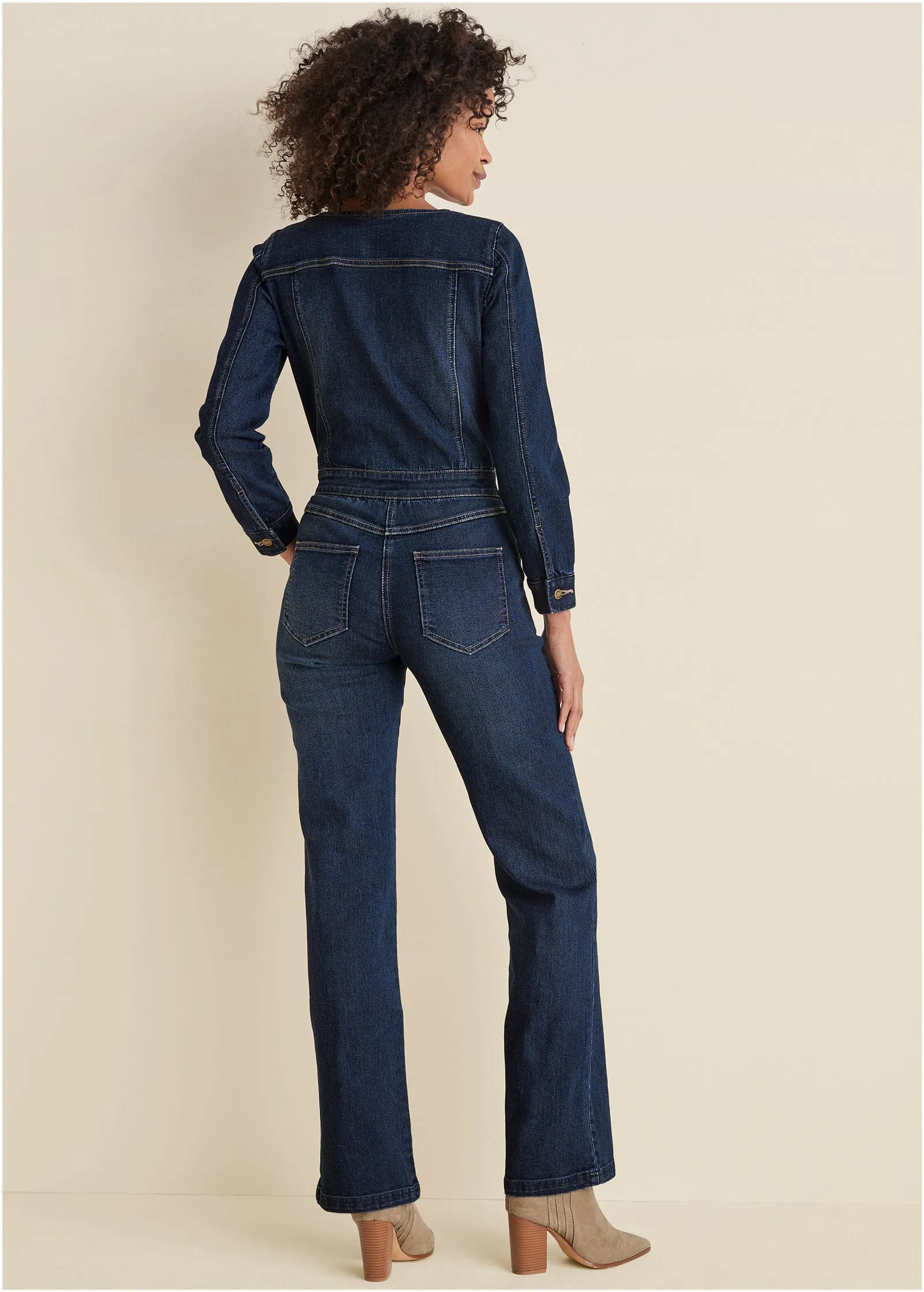 Zip Front Denim Jumpsuit - Dark Wash