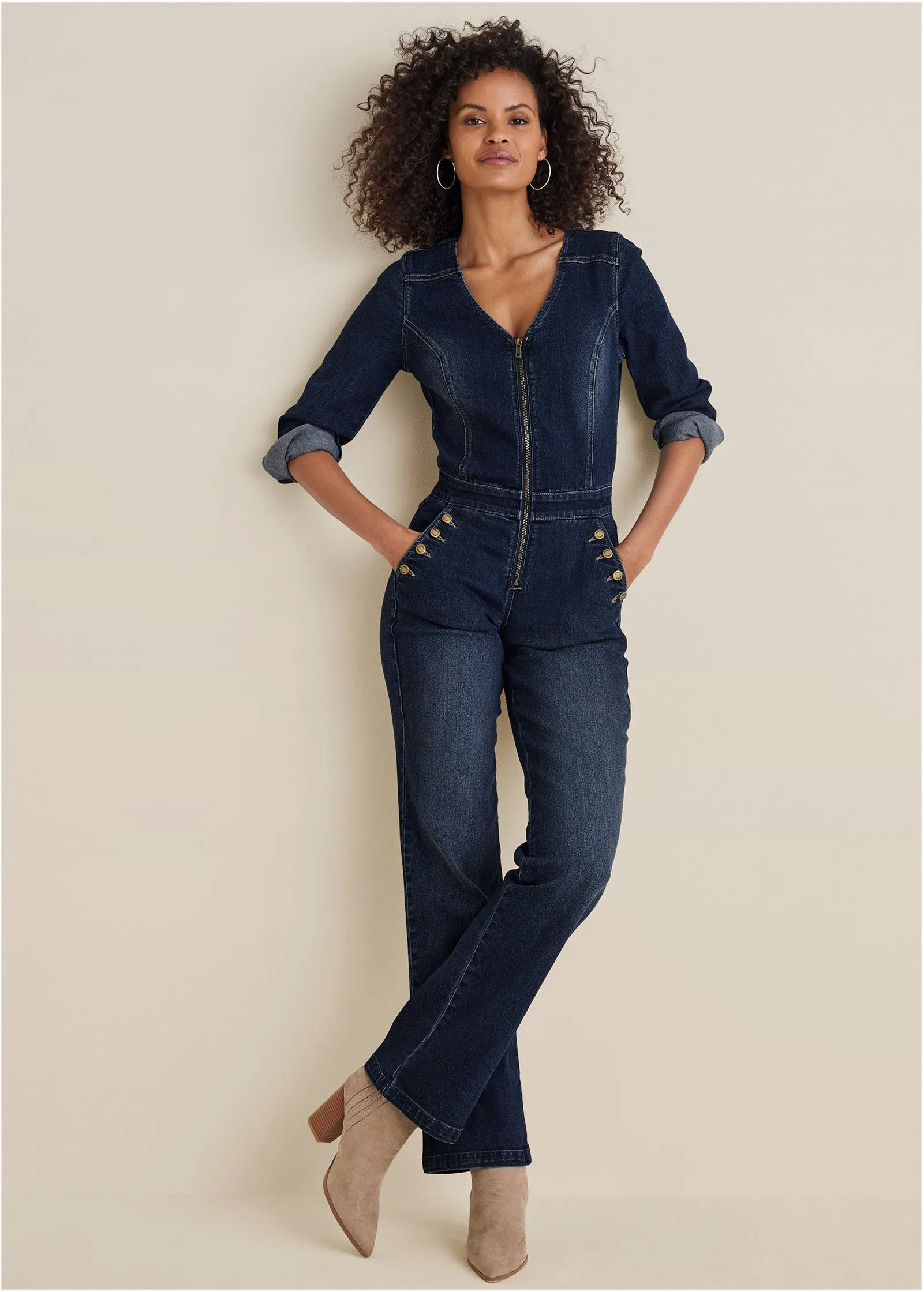 Zip Front Denim Jumpsuit - Dark Wash