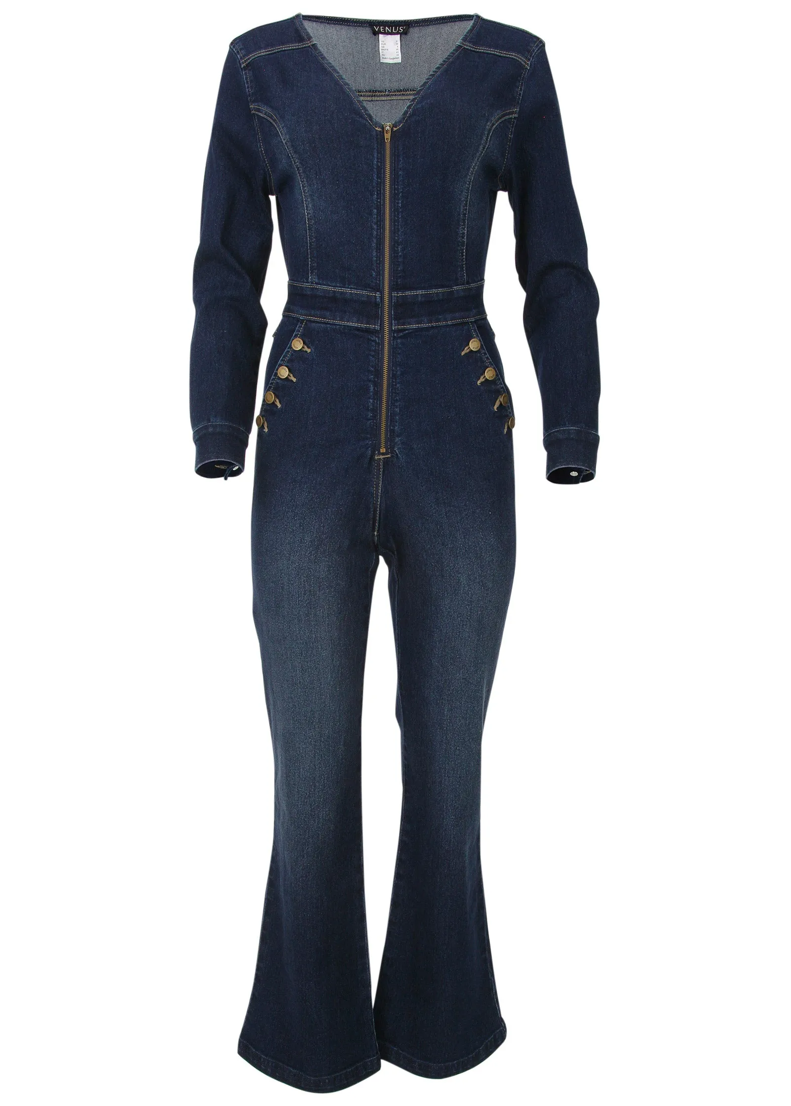 Zip Front Denim Jumpsuit - Dark Wash